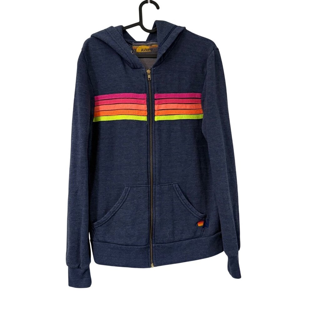 Aviator Nation Navy Zip Hoodie with Pink, Red & Yellow Stripes